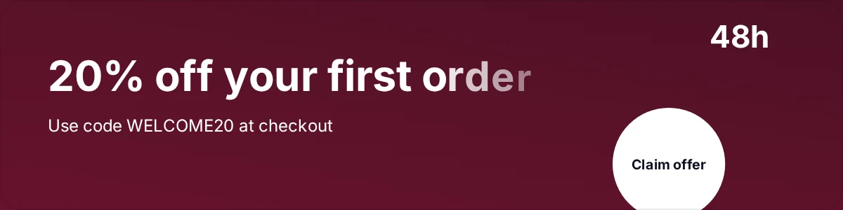 Email signature banner offering 20% off a first order with the code WELCOME20