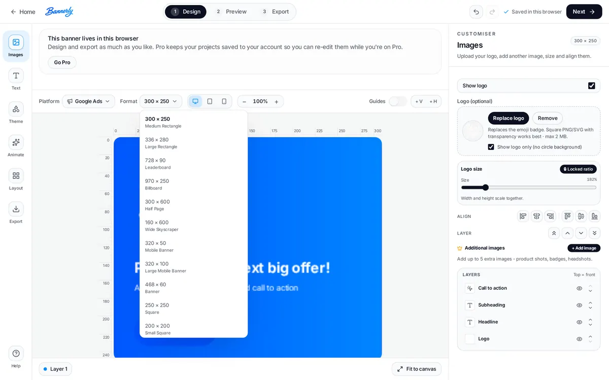 Bannerly editor with the Google Ads platform selected and the format menu open, listing 300 × 250, 728 × 90, 300 × 600 and other display sizes